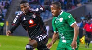 Tshepho Mashiloane and Keletso Makgalwa in action during a Betway Premiership match