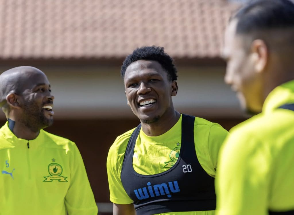 Lebo Mothiba sharing a laugh with his Mamelodi Sundowns teammates