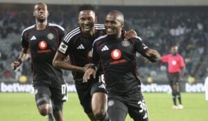 Orlando Pirates players celebrating a Kamogelo Sebelebele goal