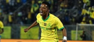 Siyabonga Mabena in celebratory mood after scoring for Mamelodi Sundowns
