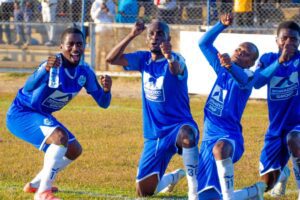 Washington Navaya celebrating a goal with his TelOne FC teammates