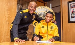 latest acquisition, Asenele Velebayi for Kaizer Chiefs with Kaizer Jr Motaung