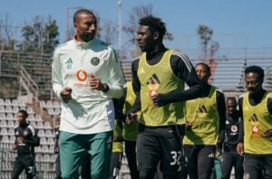 Abdeslam Ouaddou of Orlando Pirates at training with his team
