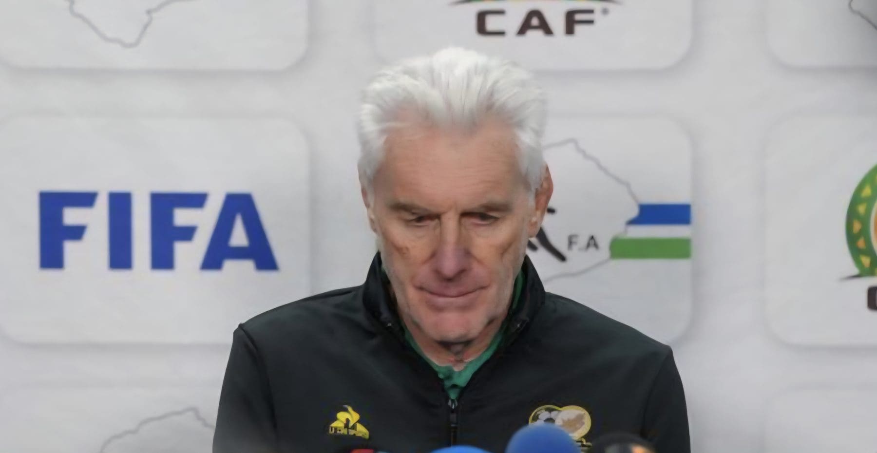 Hugo Broos speaking to the media after their match against Lesotho