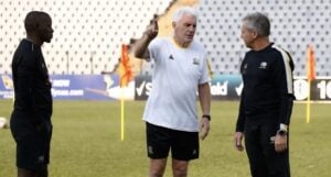 Bafana Bafana coach Hugo Broos with his technical team in training