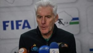 Bafana Bafana coach Hugo Broos addressing the media at the Free State Stadium in Free State.