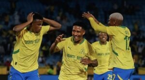 Lucas Ribeiro Costa celebrating with his teammates at Mamelodi Sundowns