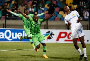 Ndabayithethwa Ndlondlo celebrate a goal for Marumo Gallants