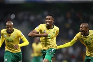 Bafana Bafana celebrating Thalente Mbatha's goal against Rwanda at Mbombela Stadium