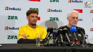 Bafana Bafana coach Hugo Broos and captain Ronwen Williams speaking