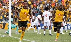Glody Lilepo of Kaizer Chiefs and Etiosa Ighodaro celebrates