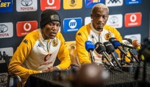 Khanyisa Mayo and his teammate Pule Mmodi speaking to the media