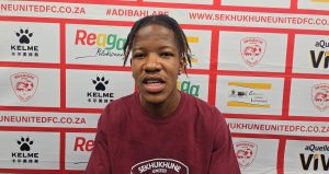 Sekhukhune United defender Medupi Thokolo speaking to the media in Polokwane
