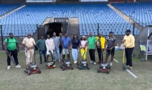 The Midlands Wanderers chairman is joined by club supporters to cut the grass at the Harry Gwala Stadium.