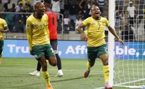 Thapelo Morena and Oswin Appollis celebrate a goal for Bafana Bafana in Mbombela