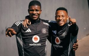 Relebohile Mofokeng and Mbekezeli Mbokazi of Orlando Pirates at training