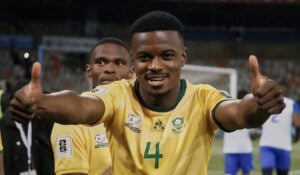 Teboho Mokoena doing a thumbs up after a Bafana Bafana match