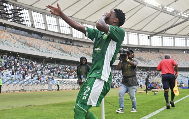 Athini Maqokola celebrating his goal at Moses Mabhida Stadium