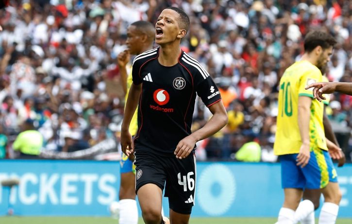 Camren Dansin in celebratory mood after scoring for Orlando Pirates against Mamelodi Sundowns