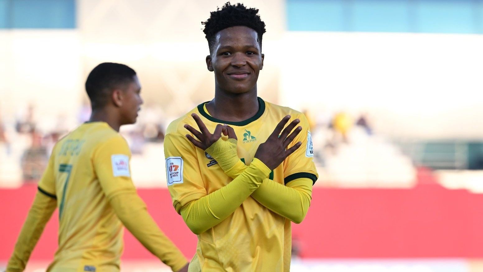 Emile Witbooi in celebratory mood after scoring for Amajimbos