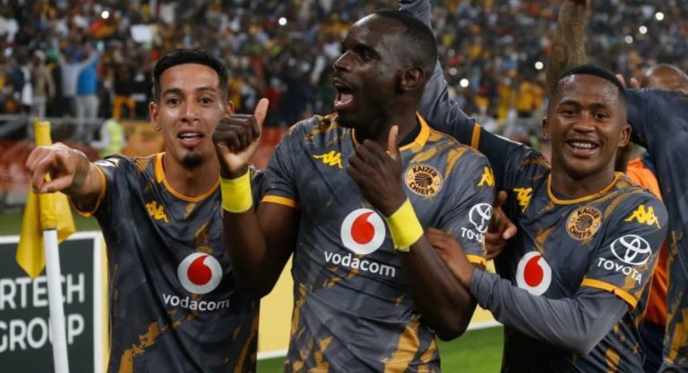 Gaston Sirino, Flavio da Silva & Mduduzi Shabalala celebrating a goal for Kaizer Chiefs