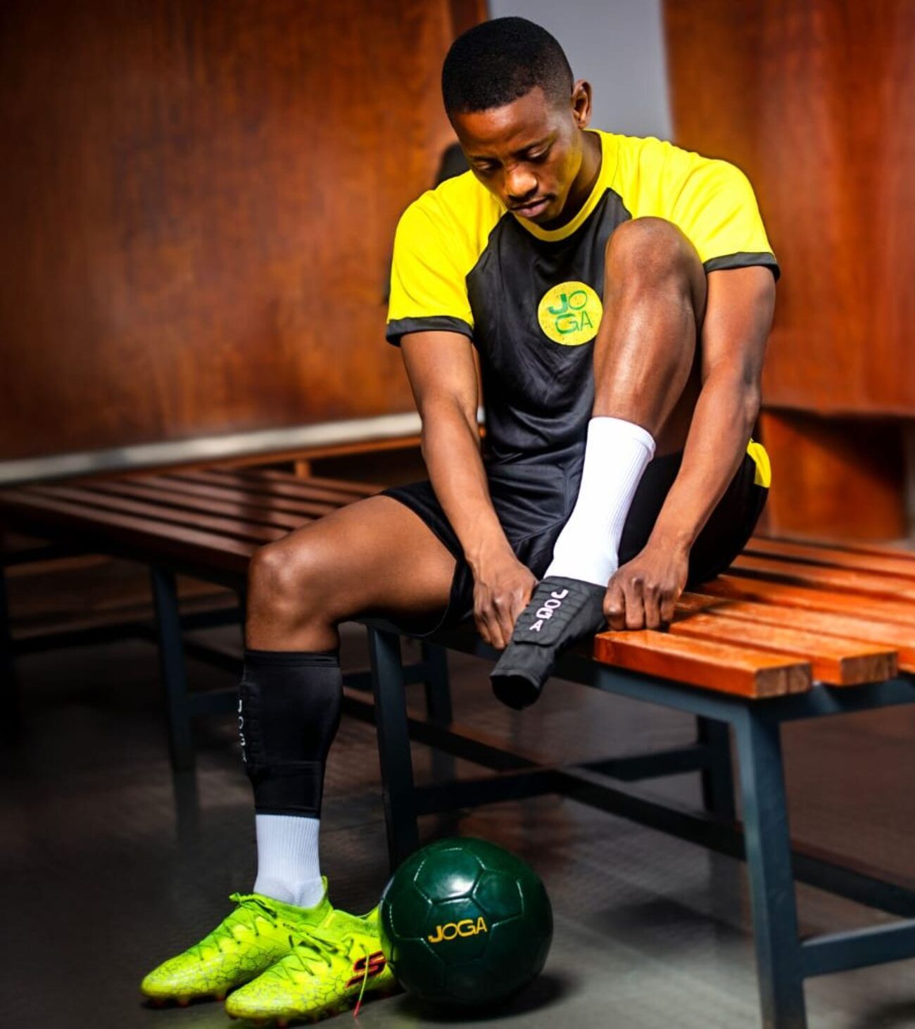 Kaizer Chiefs midfielder Thabo Cele wearing the distinctive Joga mini shin pads
