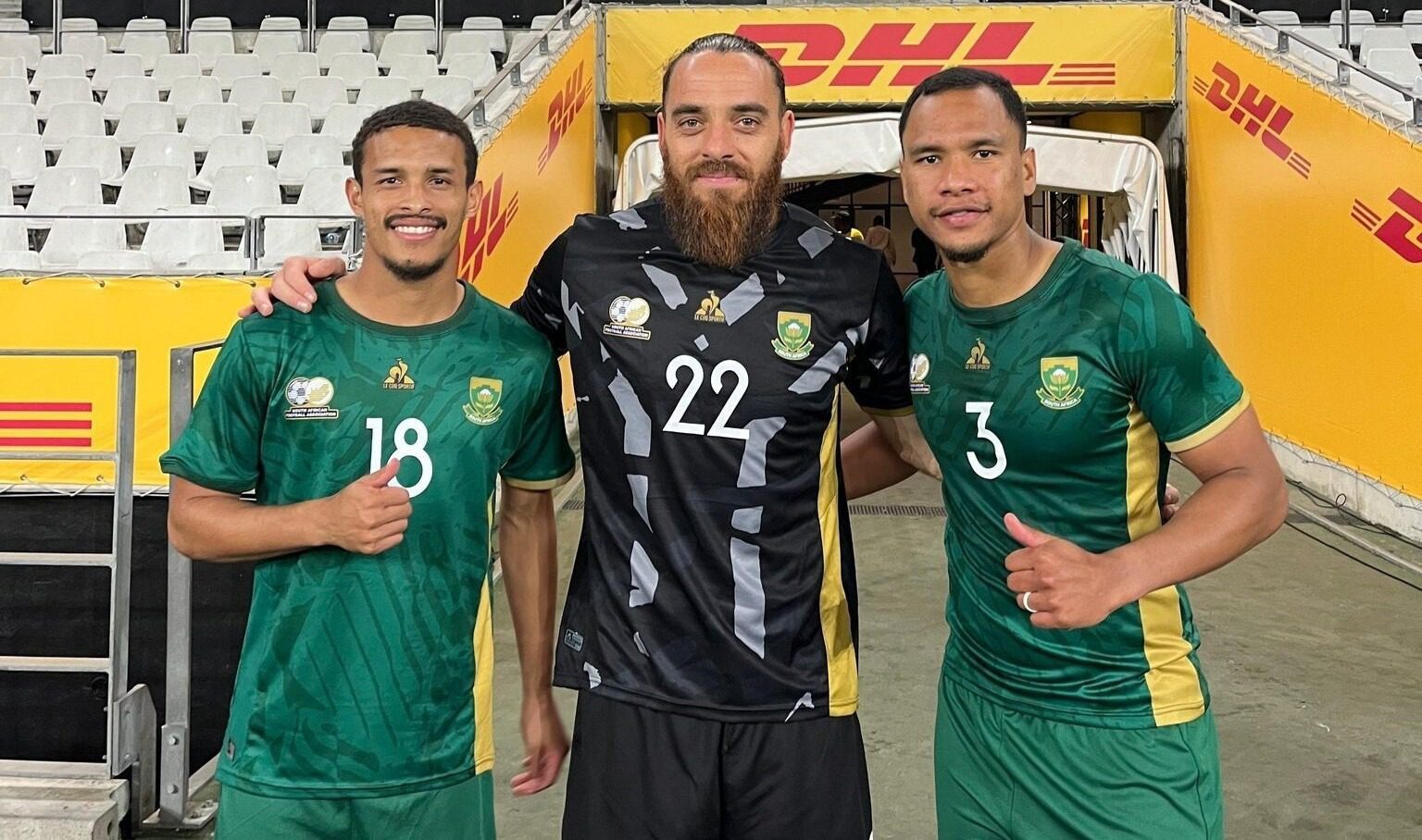 Sage Stephens with Devin Titus and Fawaz Basadien during their Bafana Bafana call ups