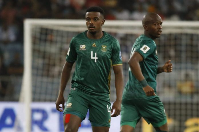 Teboho Mokoena and Nkosinathi Sibisi in action for Bafana Bafana.