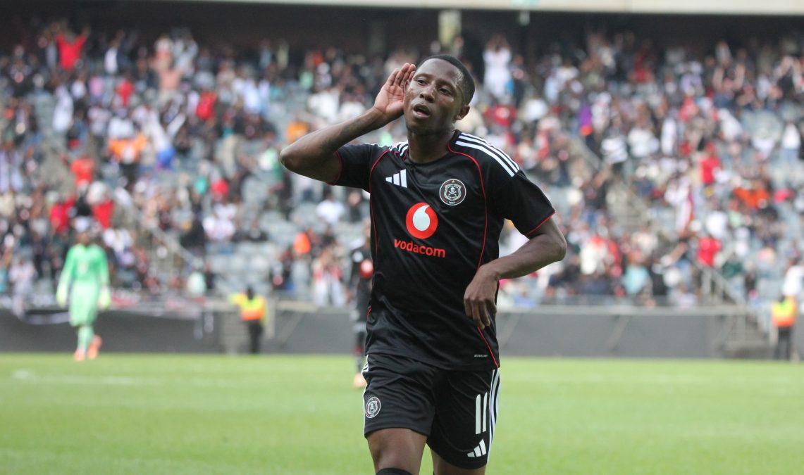 Tshepang Moremi in celebratory mood after scoring for Orlando Pirates