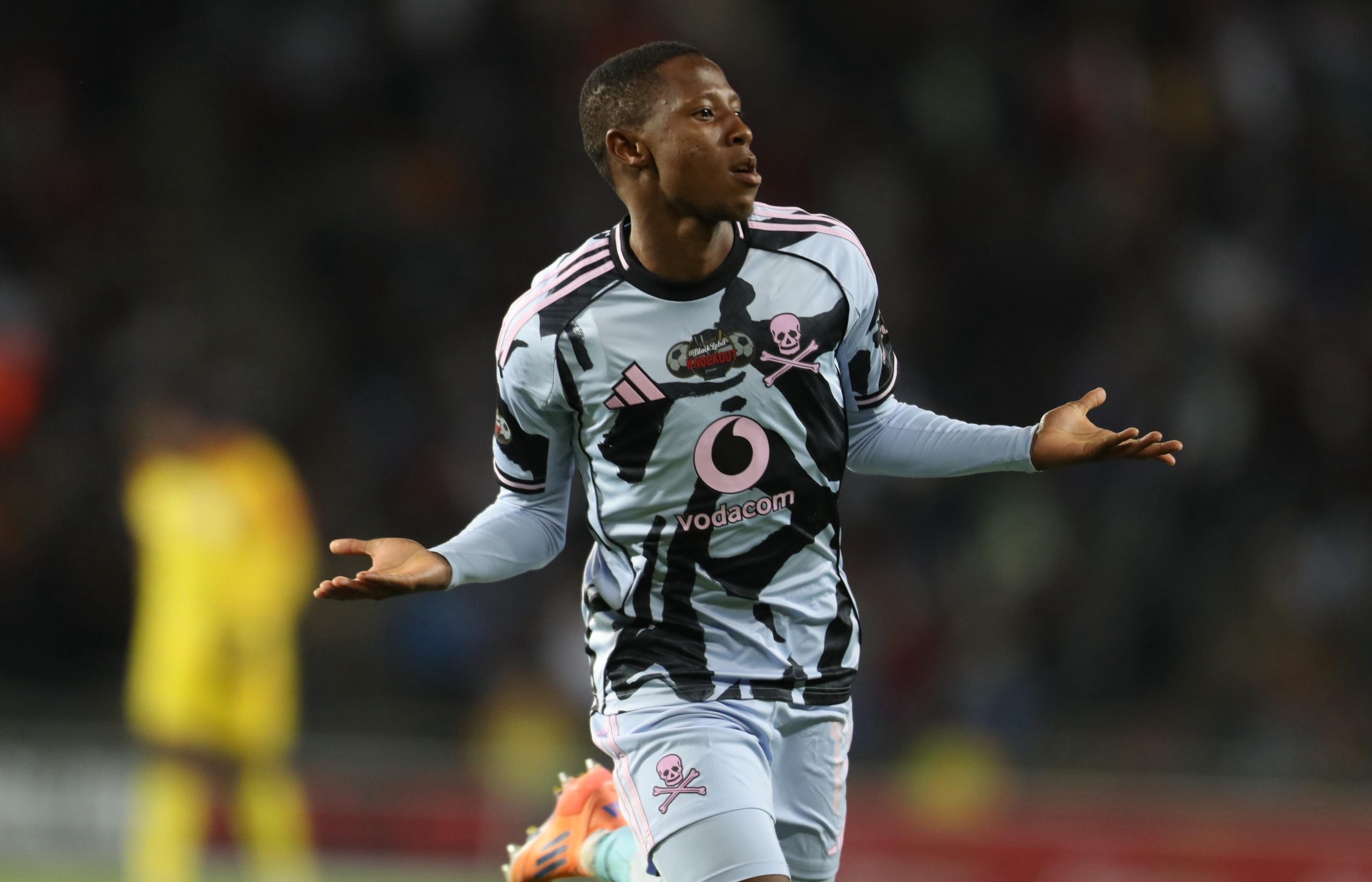 Tshepang Moremi in celebratory mood after scoring for Orlando Pirates