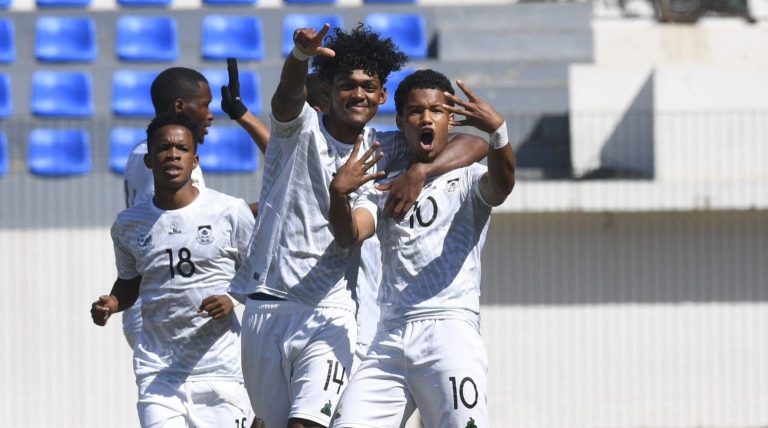 Shandre Campbell and Tylon Smith in celebratory mood after scoring for Amajita