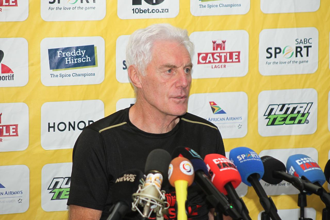 Bafana Bafana coach Hugo Broos addressing the media.