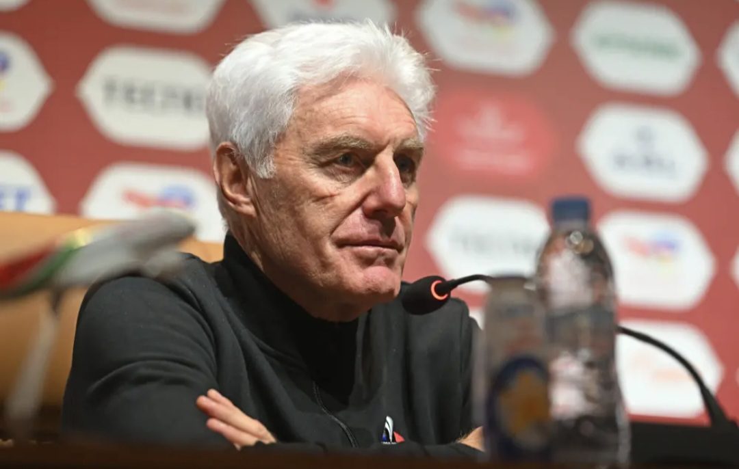 Hugo Broos addressing the media ahead of the match against Angola