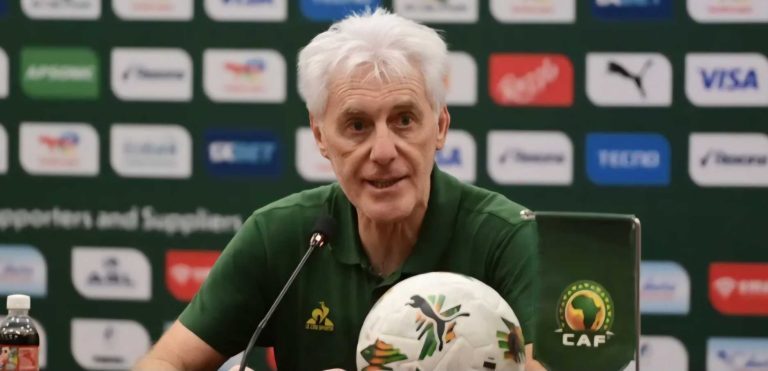 Bafana Bafana coach Hugo Broos during a post-match interview at the AFCON