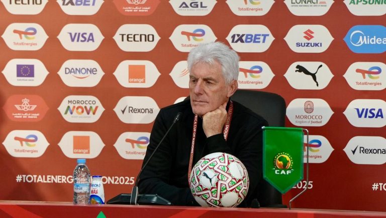 Hugo Broos of Bafana Bafana speaking at AFCON