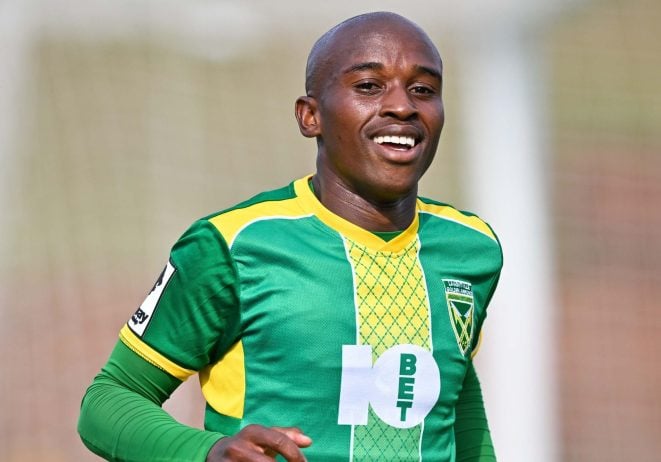 Siyanda Ndlovu of Golden Arrows celebrates after scoring a goal during the Betway Premiership 2025/26 match between Golden Arrows and Orbit College at King Zwelithini Stadium in Durban on 27 September 2025
