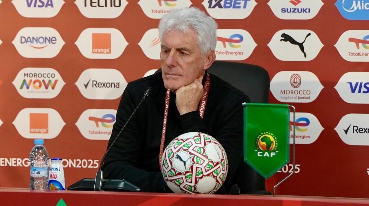 Bafana Bafana coach Hugp Broos speaking at AFCON
