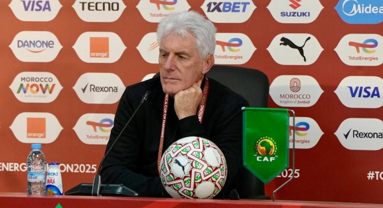 Bafana Bafana head coach Hugo Broos speaking at an AFCON presser