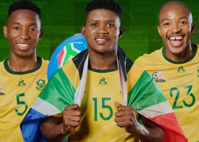 Bafana Bafana players Thalente Mbatha, Bathusi Aubaas and Thapelo Morena prepare for AFCON 2025. Image: Bafana Bafana