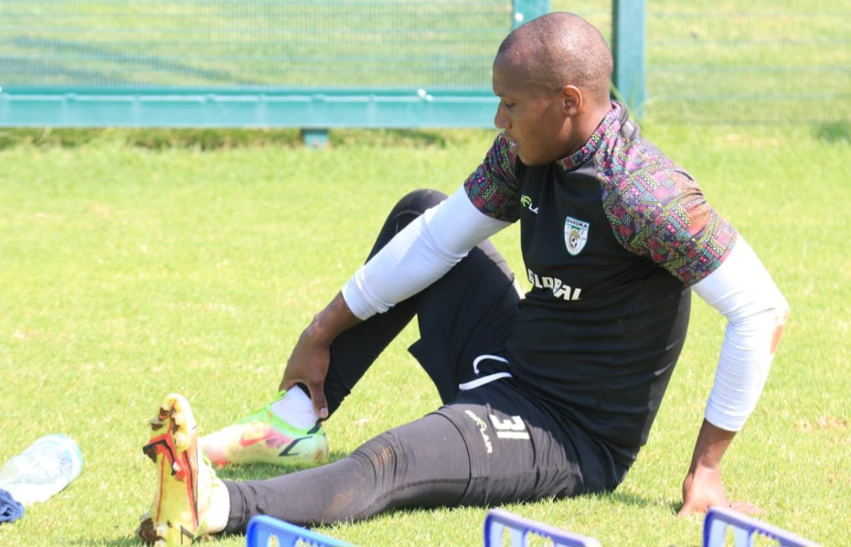 Jackson Mabokgwane stretching during a warm-up session with Baroka FC