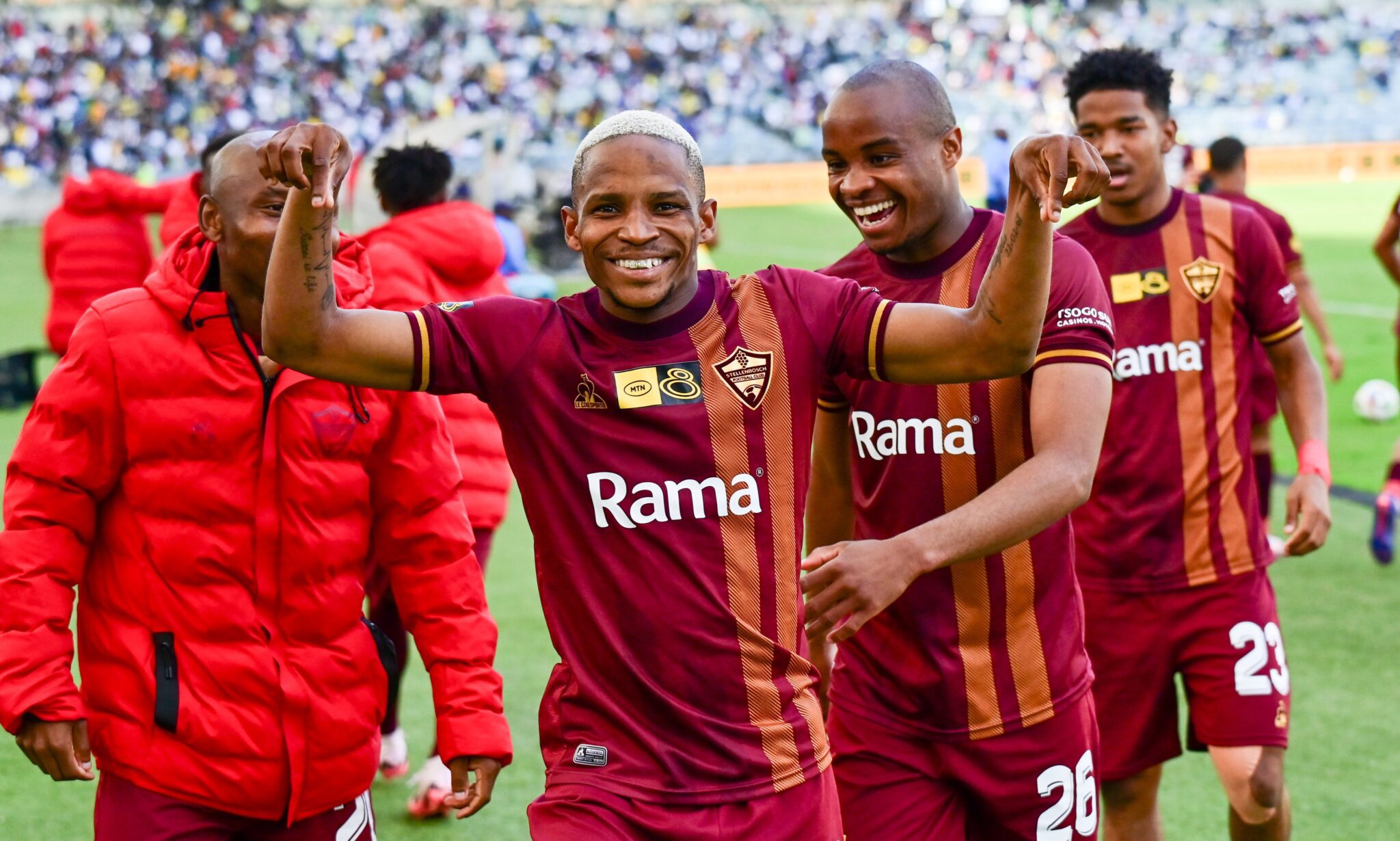 Lehlohonolo Mojela celebrates Stellenbosch FC teammates