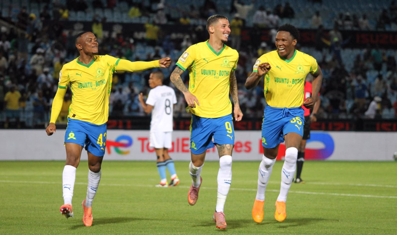 Kutlwano Letlhaku, Arthur Sales and Lebo Mothiba celebrate a goal against Orbit College