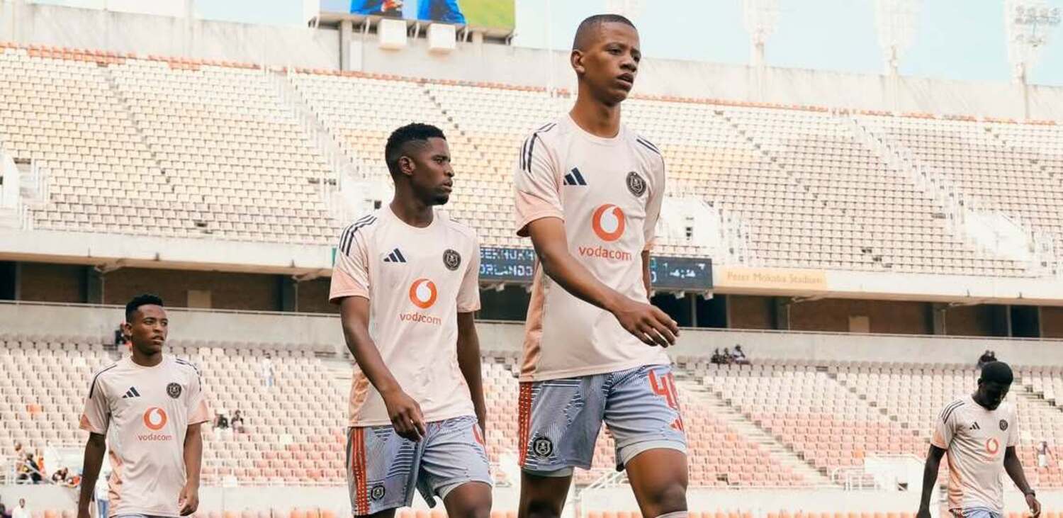 Orlando Pirates players Relebohile Mofokeng, Mpho Chabatsane and Cemran Dansin warming up