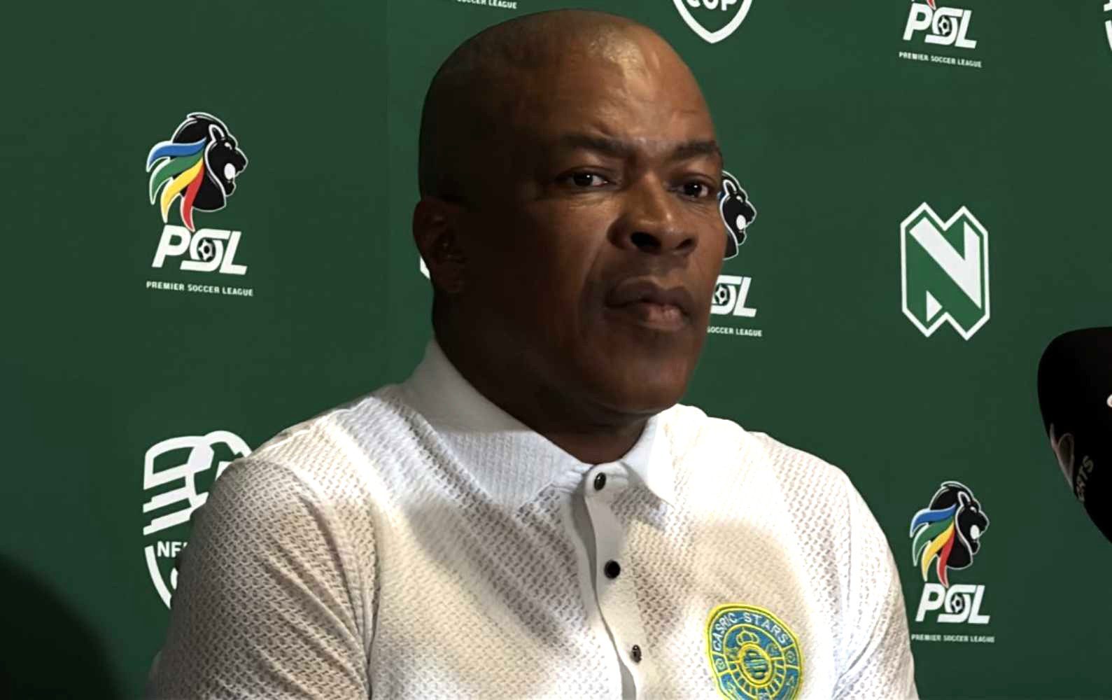 Casric Stars coach Bucs Mthombeni talking to the media during a Nedbank Cup media Day