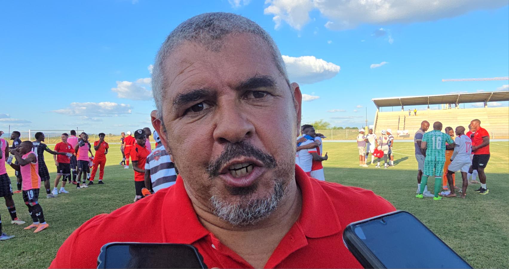 Clinton Larsen talking to the media in Malamulele after the draw against Gomora United
