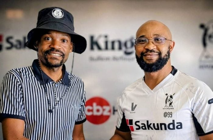 Highlanders FC CEO Denzil Mnkandla and Thabo Senong