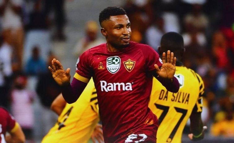 Ibraheem Jabaar of Stellenbosch FC celebrating against Kaizer Chiefs