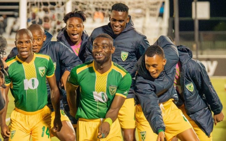 Junior Dion celebrates a goal with his teammates after scoring against Magesi FC at the Seshego Stadium