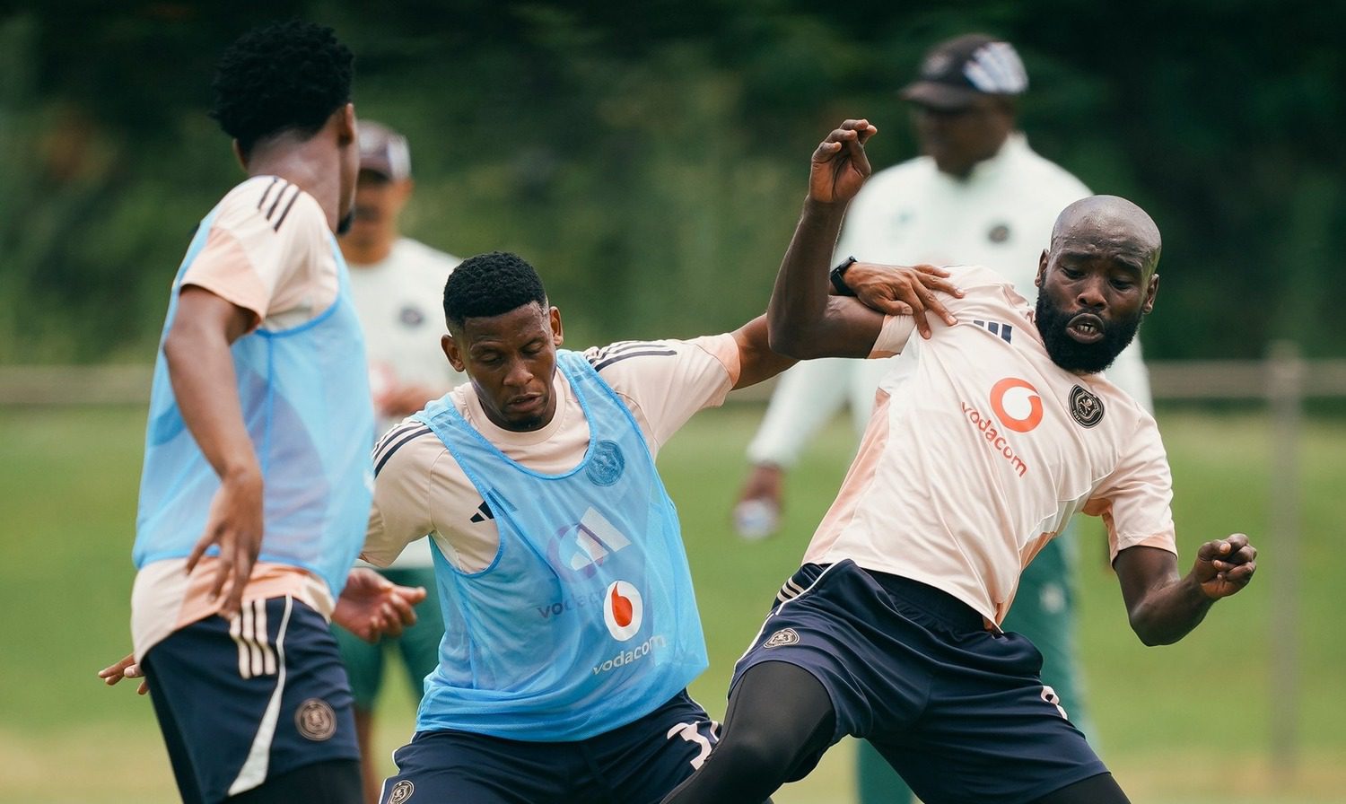 Lehlohonolo Seema, Thabiso Lebitso, Makhehlene Makhaula at an Orlando Pirates training session