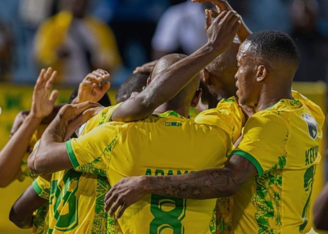 Mamelodi Sundowns players celebrate Peter Shalulile's goal in the Nedbank Cup against Gomora United. Image: Mamelodi Sundowns
